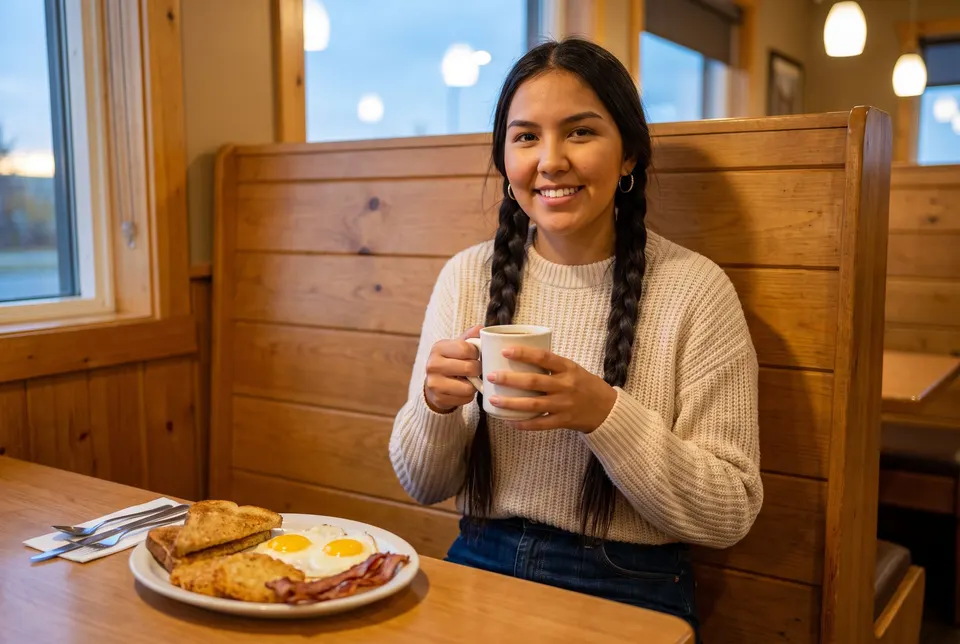 The same young woman sits in a wooden booth holding a mug of coffee, a plate of eggs, toast and bacon on the table in front of her.