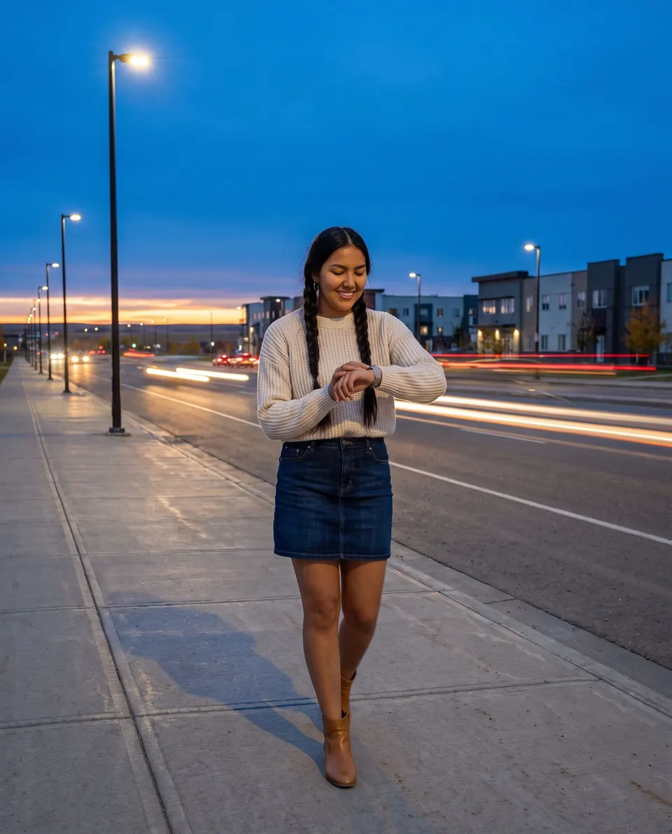 The same young woman walks along a wide city sidewalk at blue hour, glancing at her wristwatch, street lamps lit and car lights streaking past.